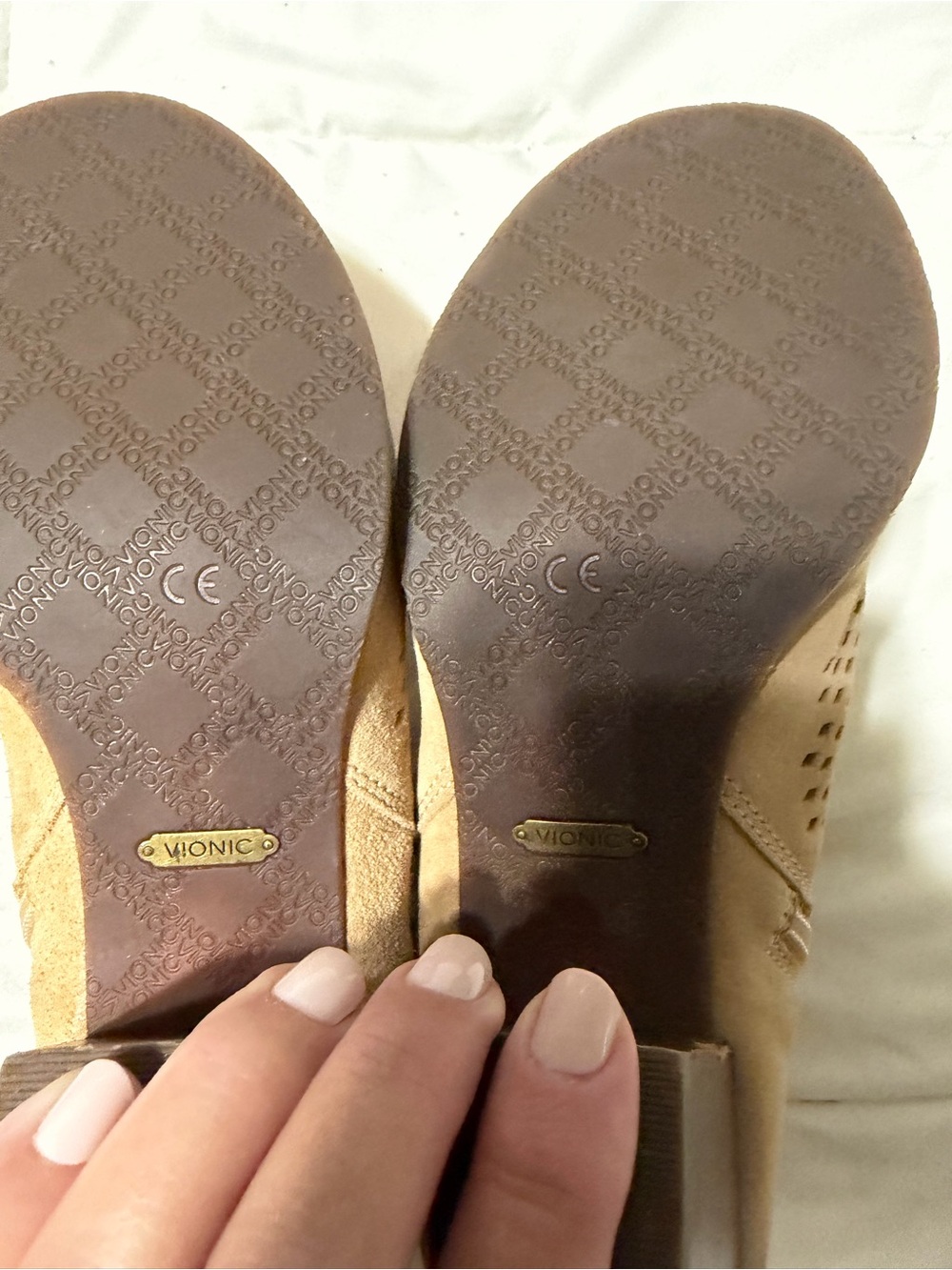 Vionic Tan Suede Perforated Peep-Toe Booties with Side Buckle - Picture 5 of 8